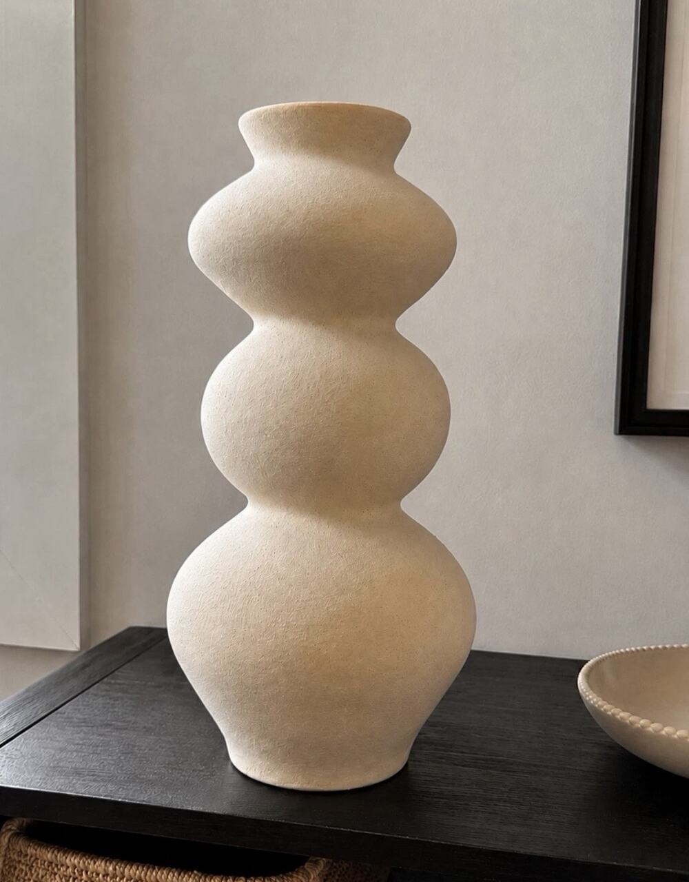 Large Sculptural Triple Gourd Ceramic Vase 15” Ivory Textured Modern Decor